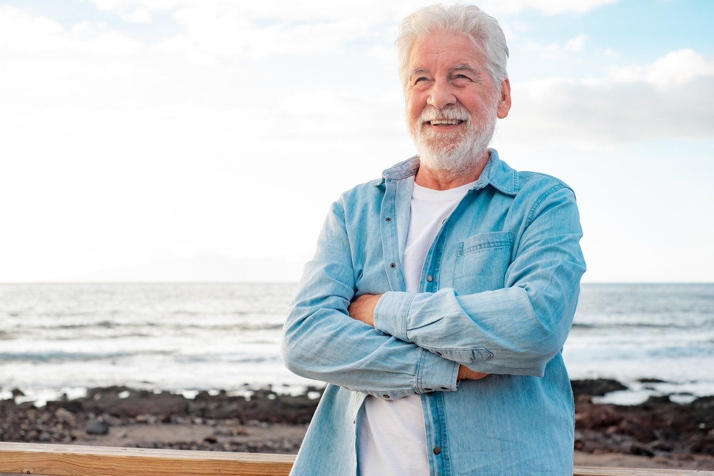 Portrait,Of,Beautiful,Senior,Bearded,Man,In,Denim,Shirt,Standing